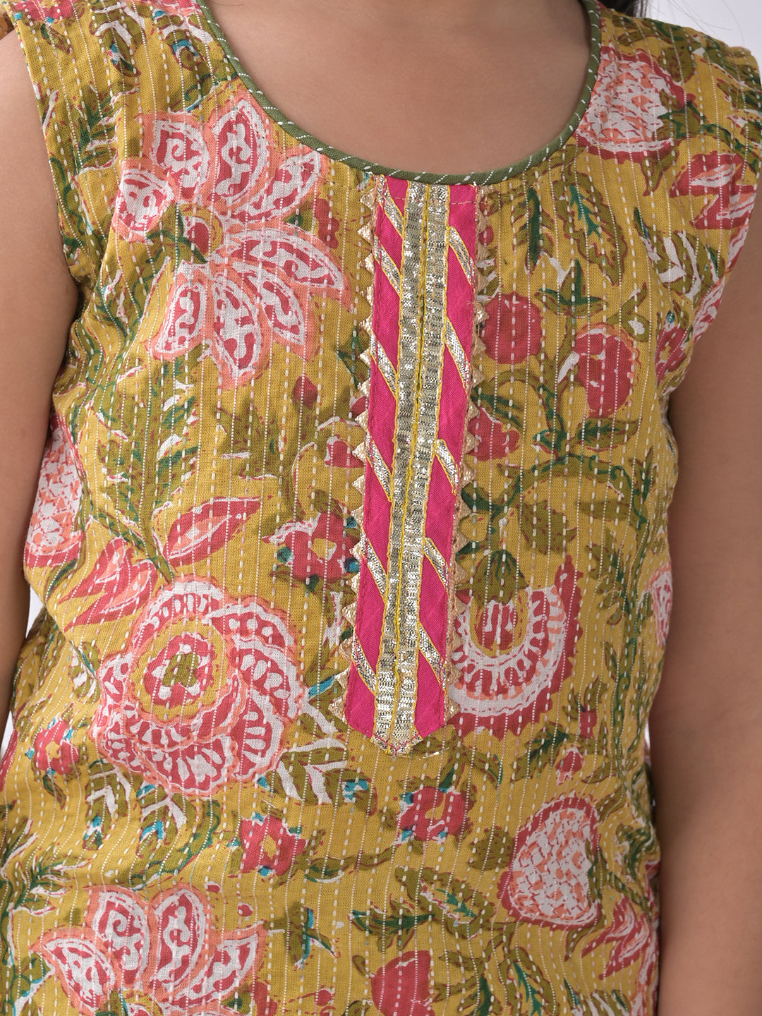 Yellow Printed Kurti with green katha dhoti
