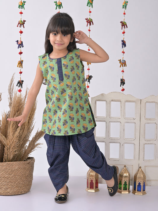 Green Printed katha Kurti with blue katha dhoti