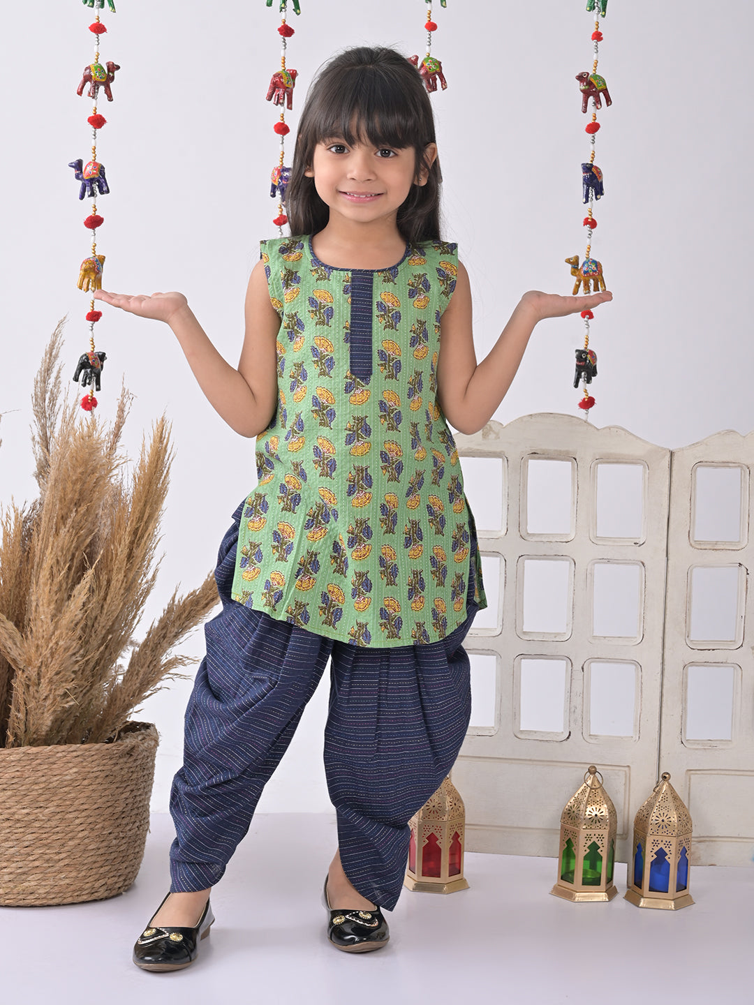 Green Printed katha Kurti with blue katha dhoti