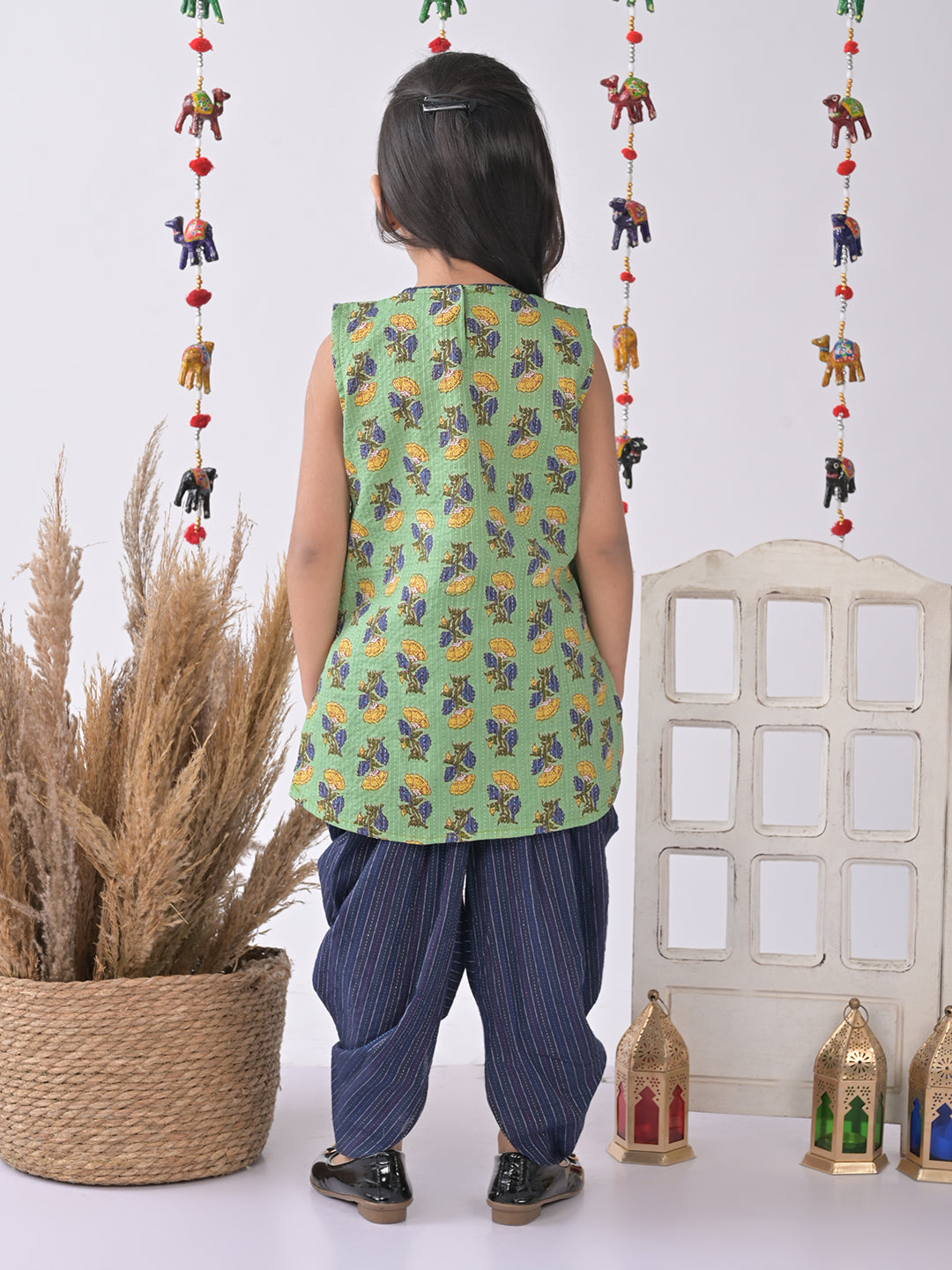 Green Printed katha Kurti with blue katha dhoti