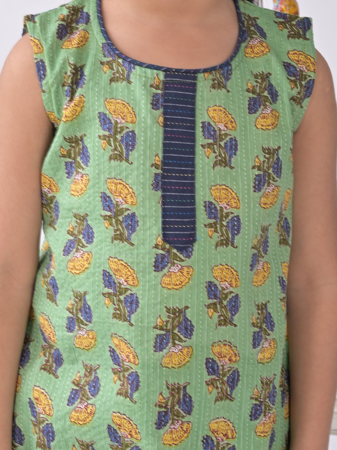 Green Printed katha Kurti with blue katha dhoti