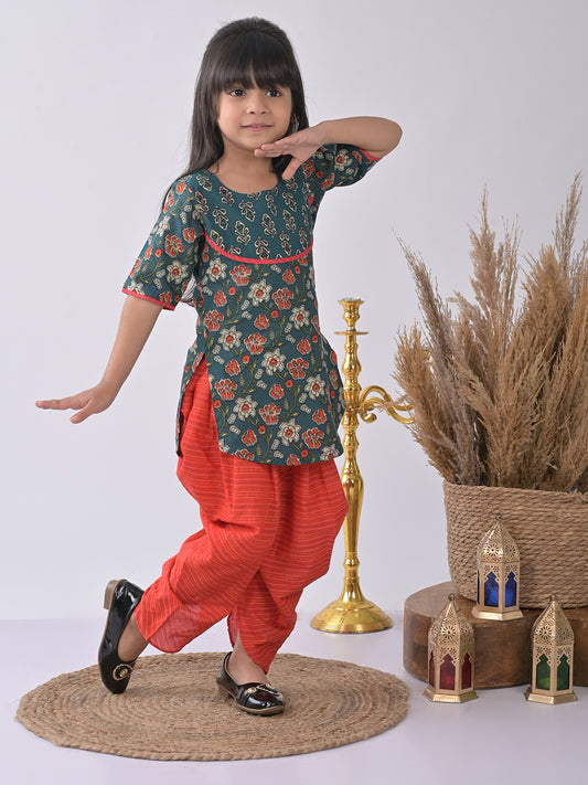 Blue Printed Kurti with red katha dhoti
