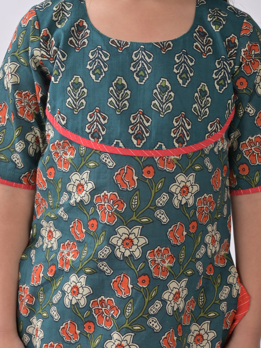 Blue Printed Kurti with red katha dhoti