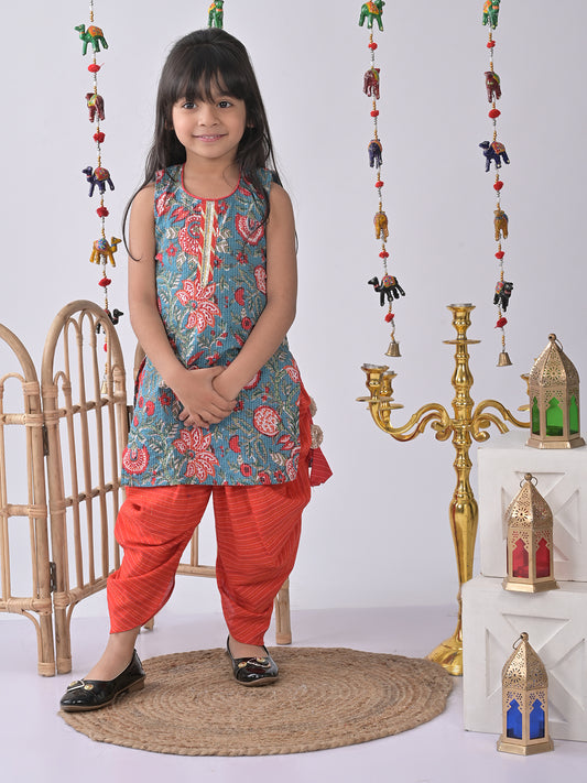 Blue Printed Katha Kurti with red katha dhoti