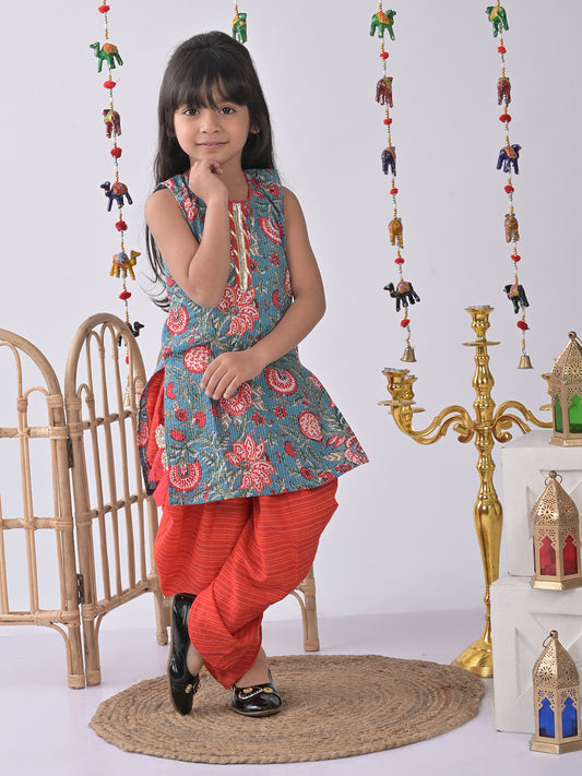Blue Printed Katha Kurti with red katha dhoti