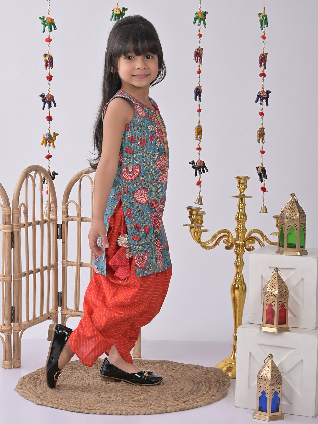 Blue Printed Katha Kurti with red katha dhoti
