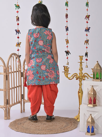 Blue Printed Katha Kurti with red katha dhoti