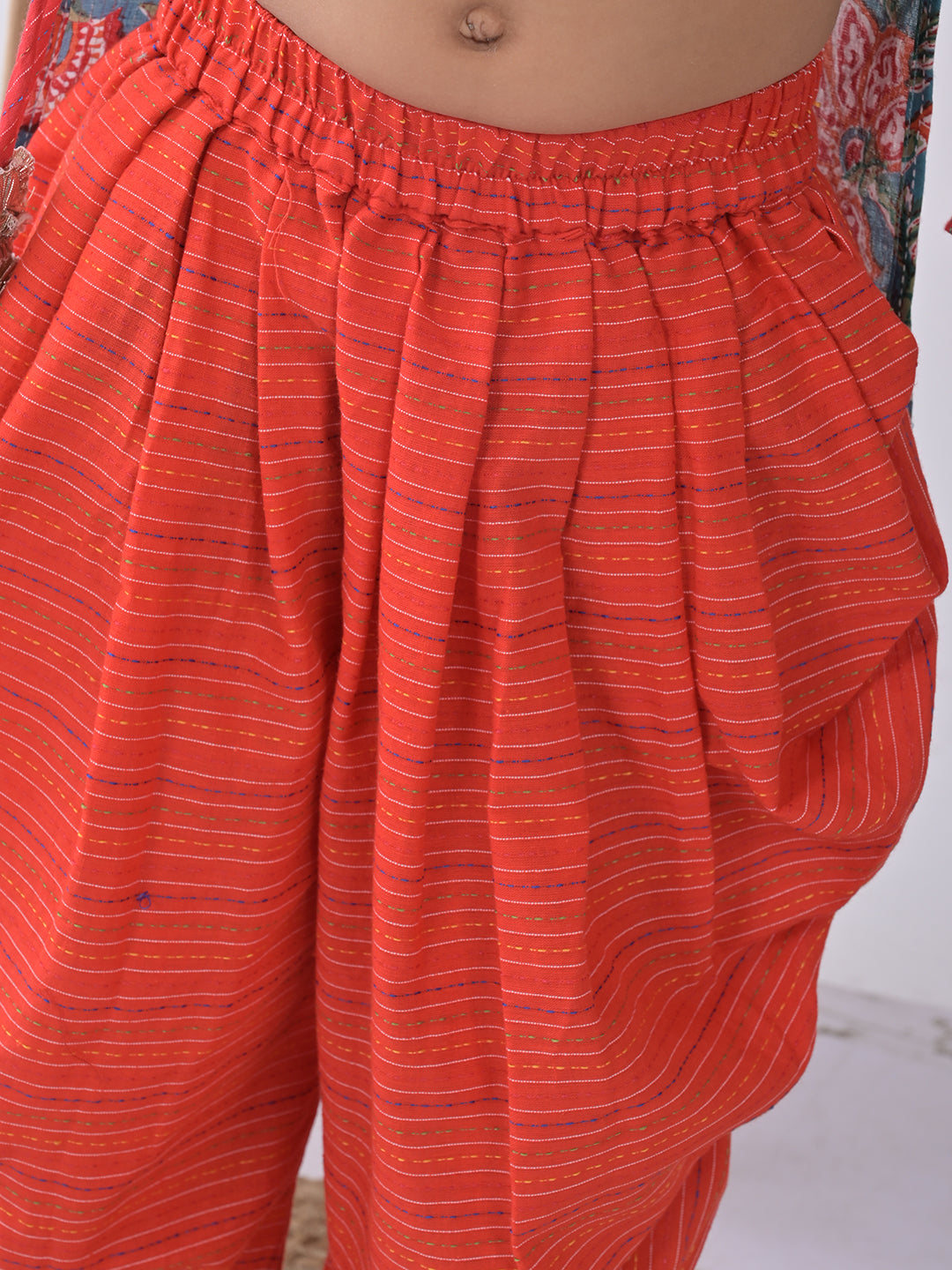 Blue Printed Katha Kurti with red katha dhoti