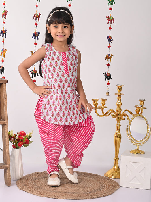 Pink printed Kurti with pink lehriya dhoti