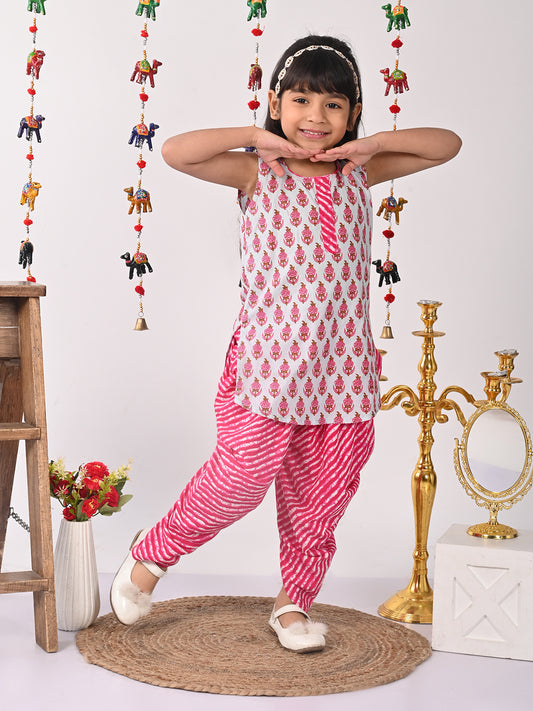 Pink printed Kurti with pink lehriya dhoti