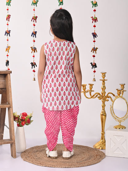 Pink printed Kurti with pink lehriya dhoti