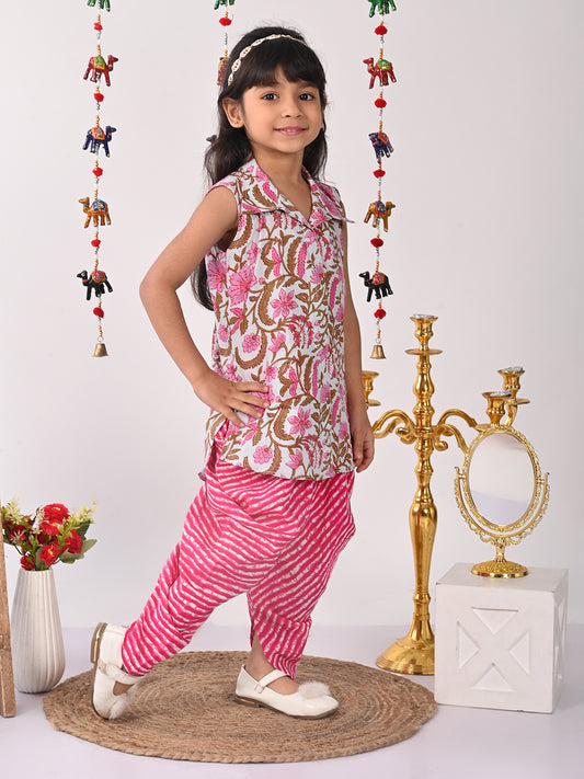 Pink printed shirt style Kurti with pink lehriya dhoti