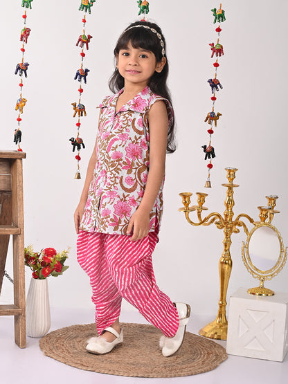 Pink printed shirt style Kurti with pink lehriya dhoti