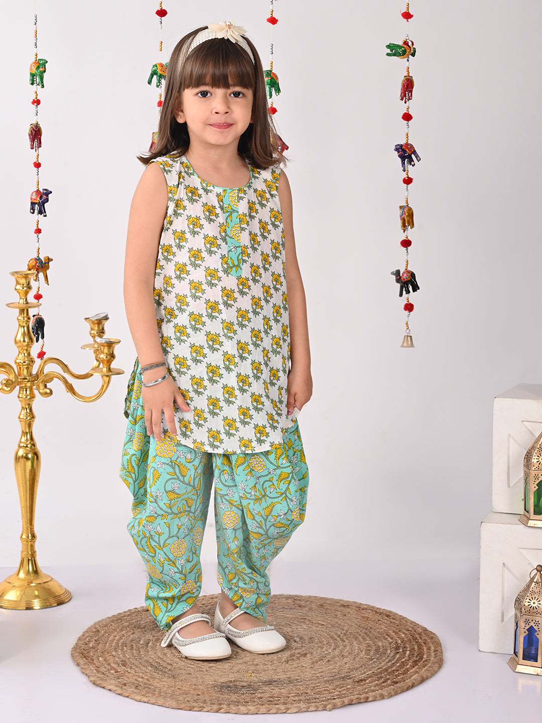 White and Green printed shirt style Kurti with green printed dhoti