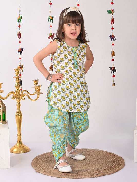 White and Green printed shirt style Kurti with green printed dhoti