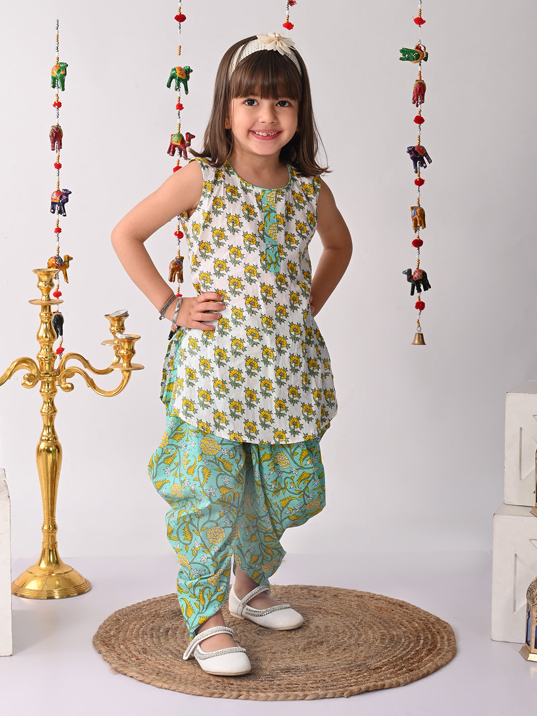 White and Green printed shirt style Kurti with green printed dhoti