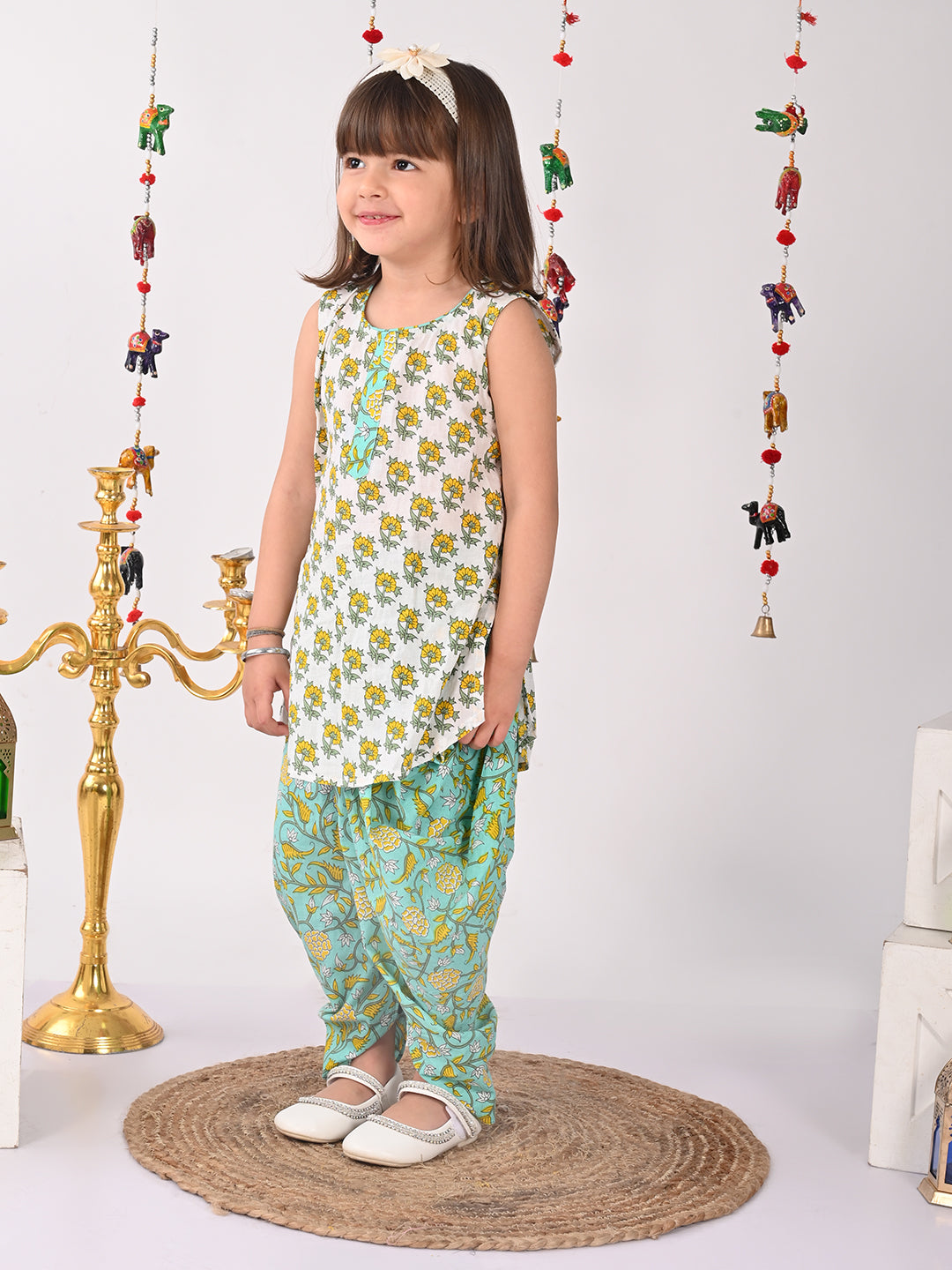 White and Green printed shirt style Kurti with green printed dhoti