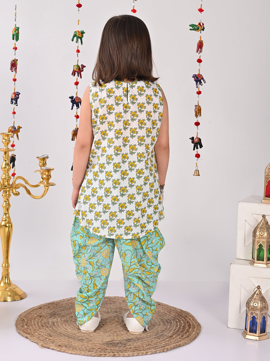White and Green printed shirt style Kurti with green printed dhoti
