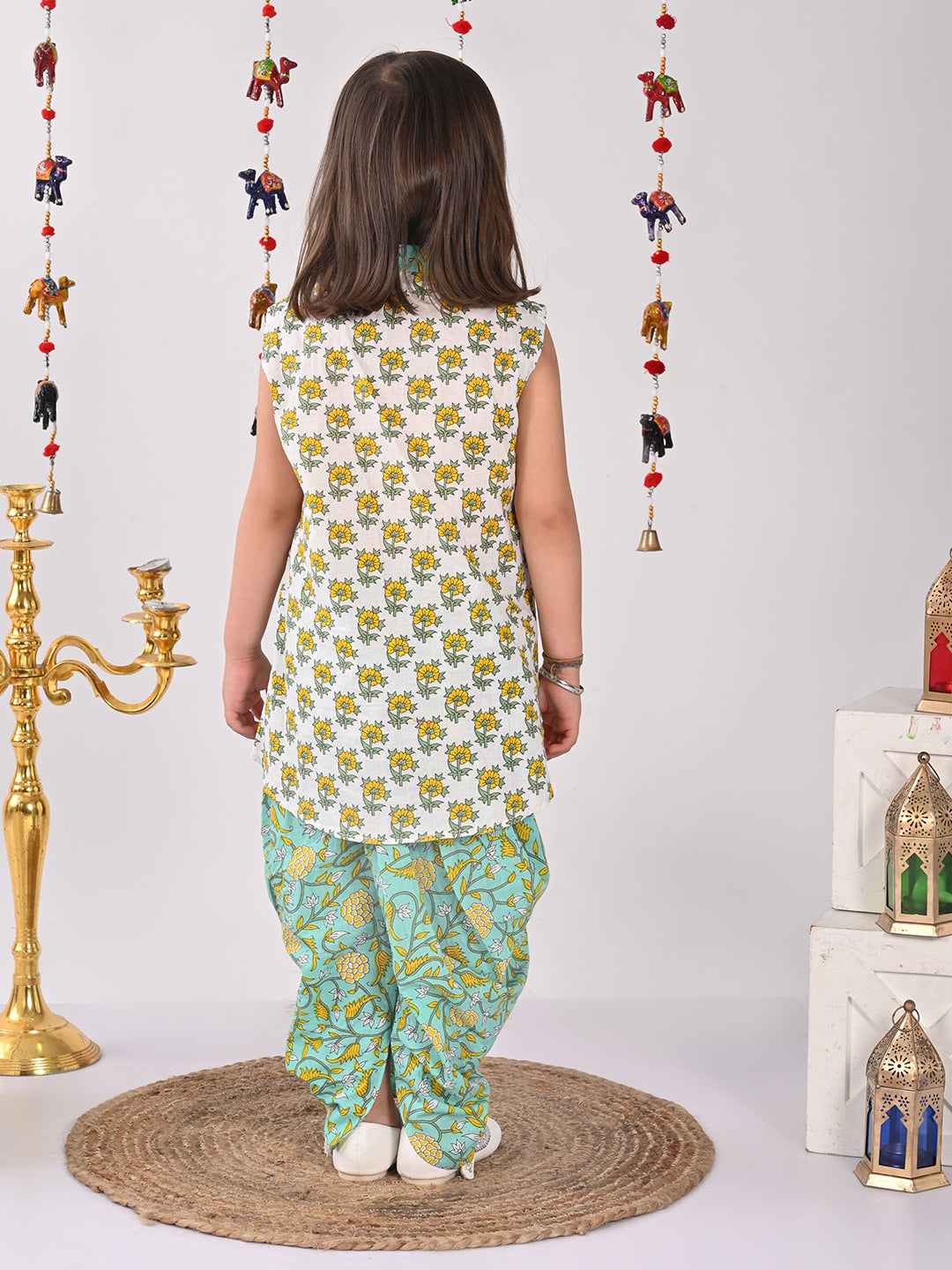 White and Green printed Kurti with green printed dhoti
