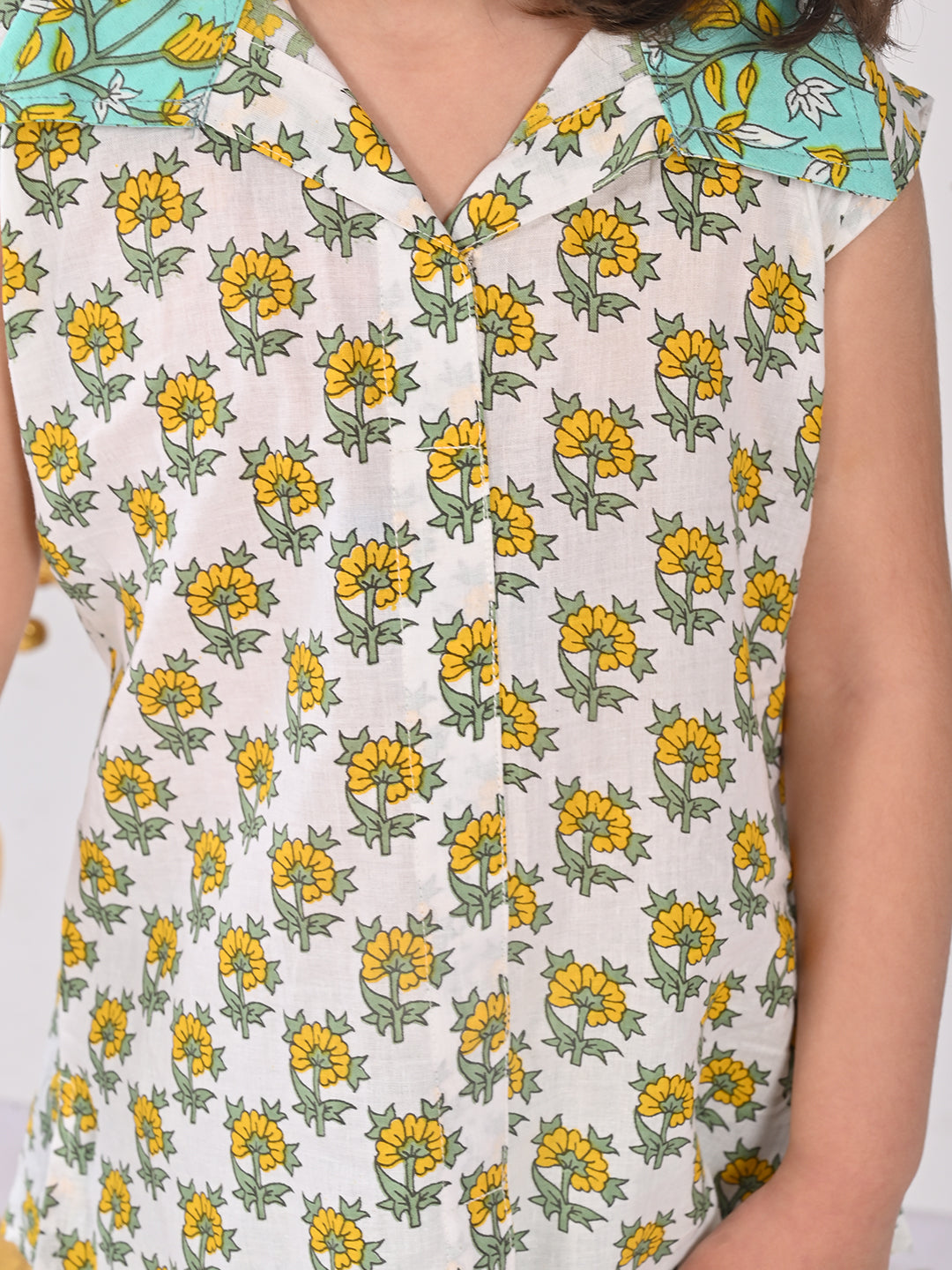 White and Green printed Kurti with green printed dhoti