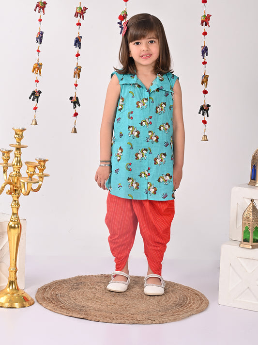 Blue unicorn printed shirt style Kurti with red dhoti