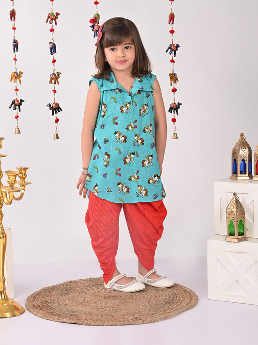 Blue unicorn printed shirt style Kurti with red dhoti