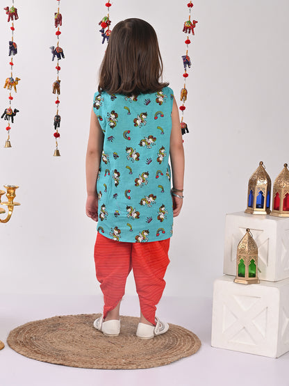 Blue unicorn printed shirt style Kurti with red dhoti