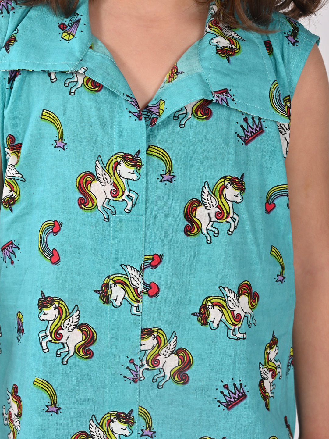 Blue unicorn printed shirt style Kurti with red dhoti