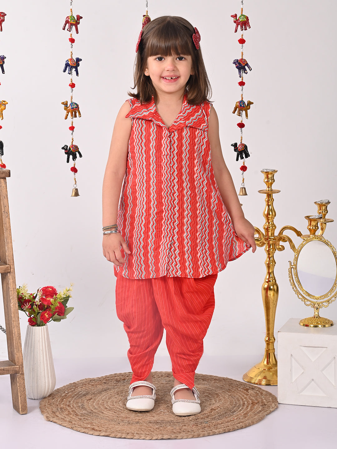 Red printed shirt style Kurti with red dhoti