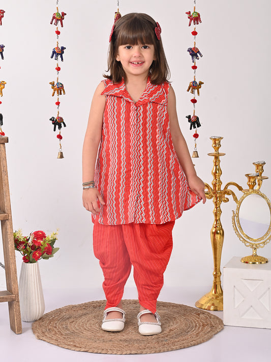 Red printed shirt style Kurti with red dhoti
