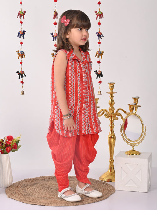 Red printed shirt style Kurti with red dhoti