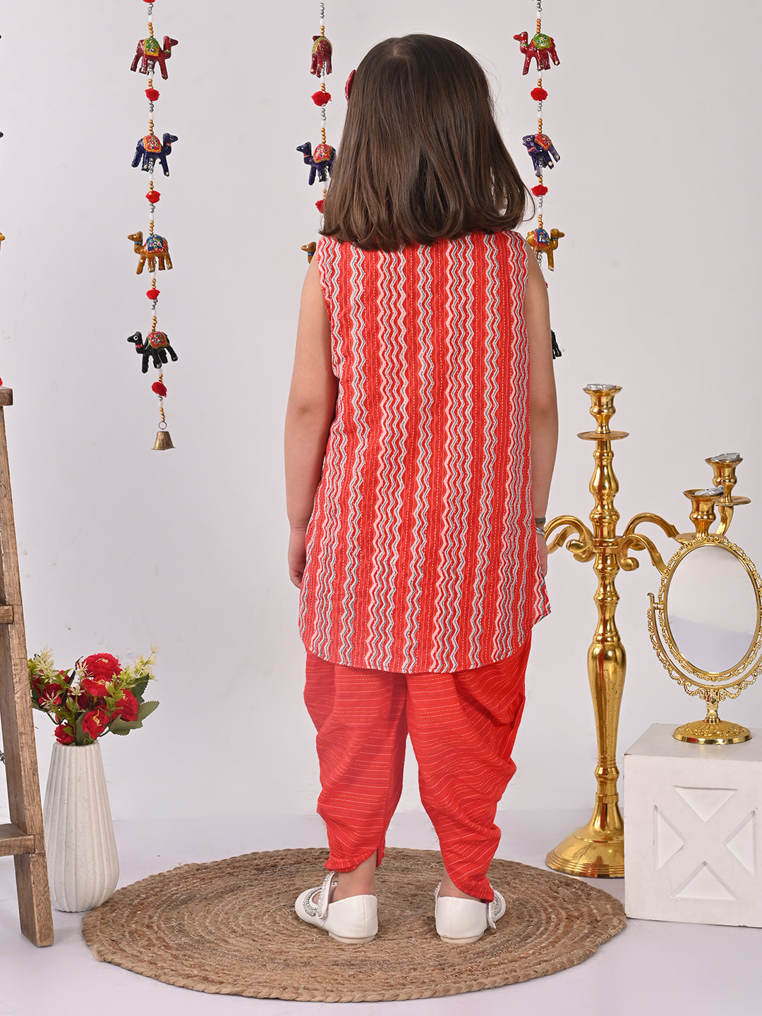 Red printed shirt style Kurti with red dhoti