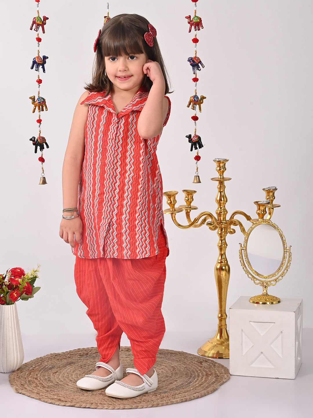Red printed shirt style Kurti with red dhoti