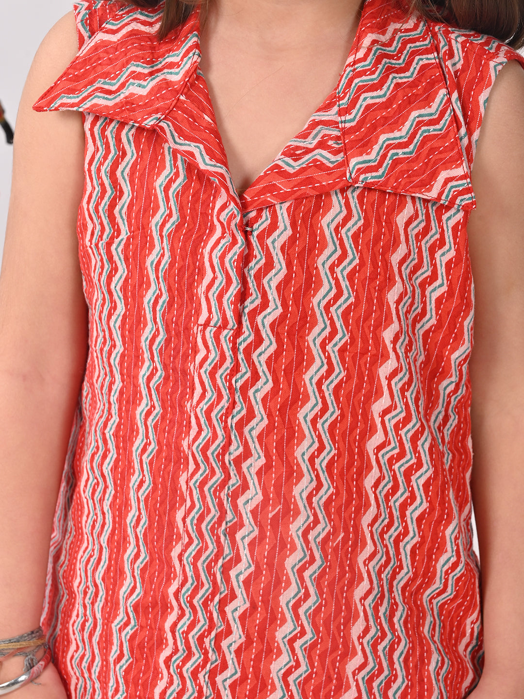 Red printed shirt style Kurti with red dhoti