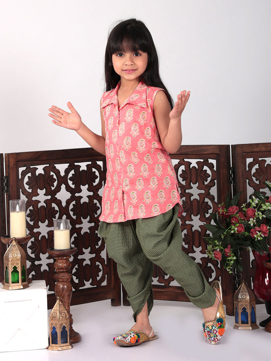 Pink printed shirt style Kurti with green dhoti