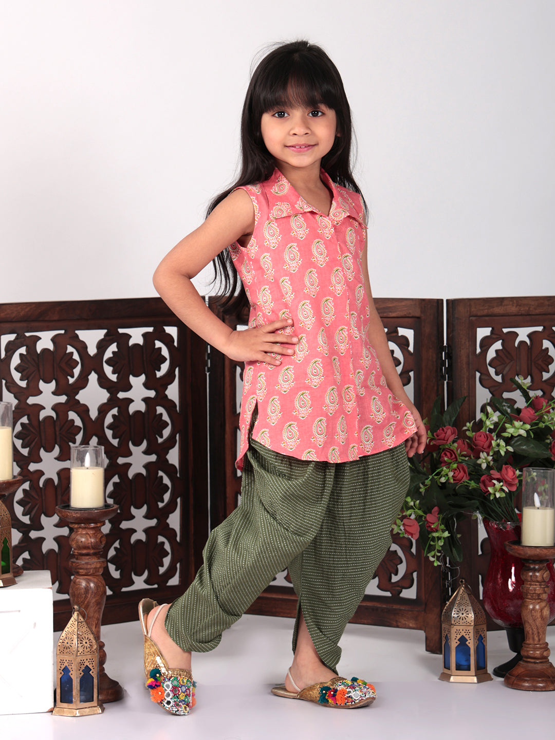 Pink printed shirt style Kurti with green dhoti