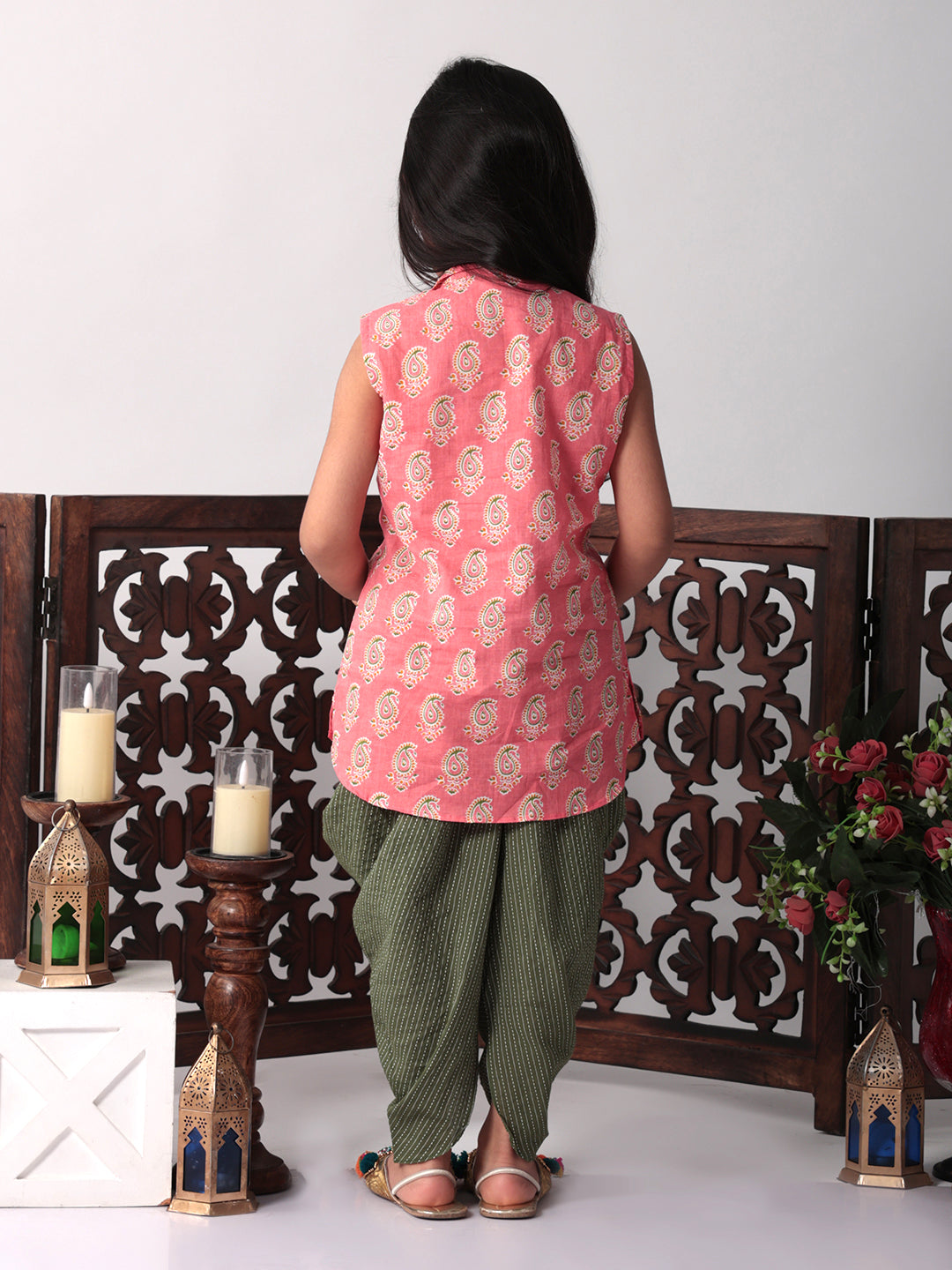 Pink printed shirt style Kurti with green dhoti