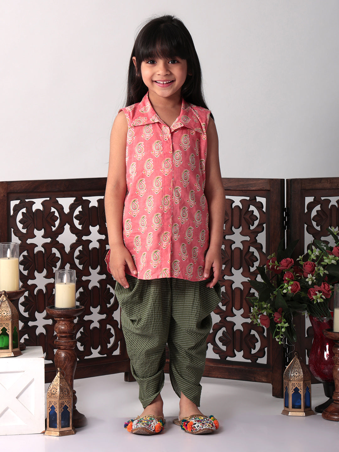 Pink printed shirt style Kurti with green dhoti