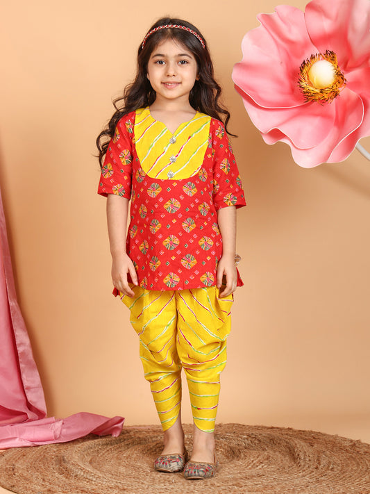 Red Printed Cotton 3/4 sleeves Kurti with yellow lehriya dhoti