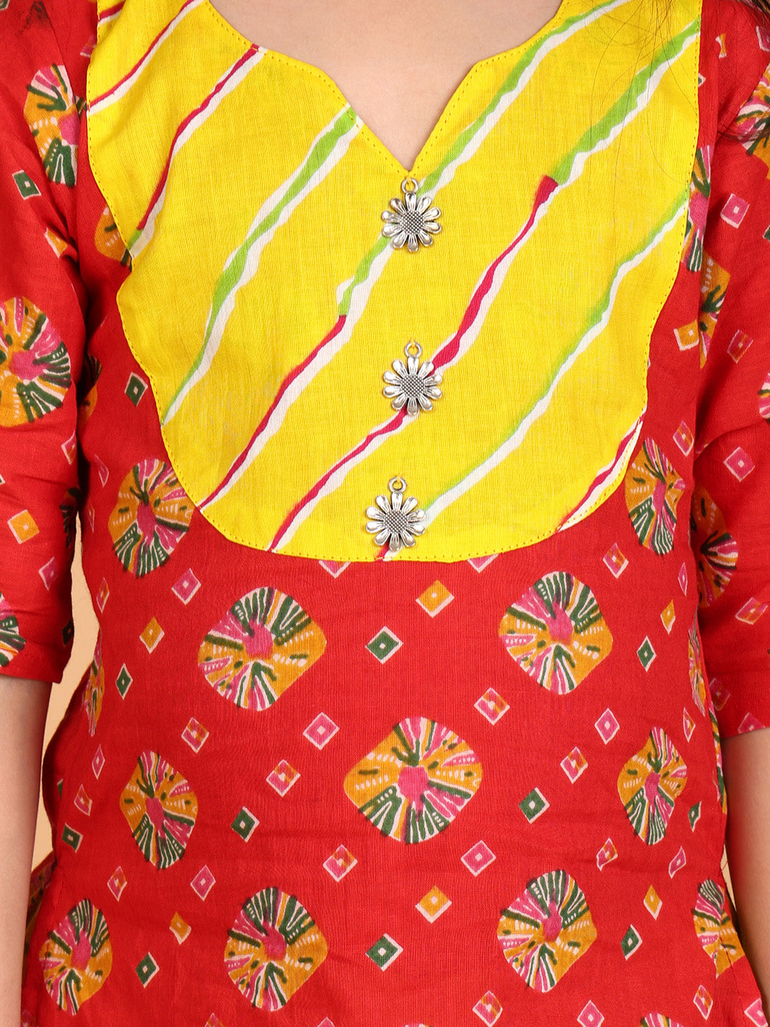 Red Printed Cotton 3/4 sleeves Kurti with yellow lehriya dhoti