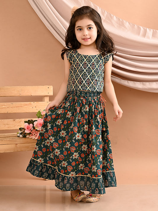 Blue floral printed Lehenga with lace worked top