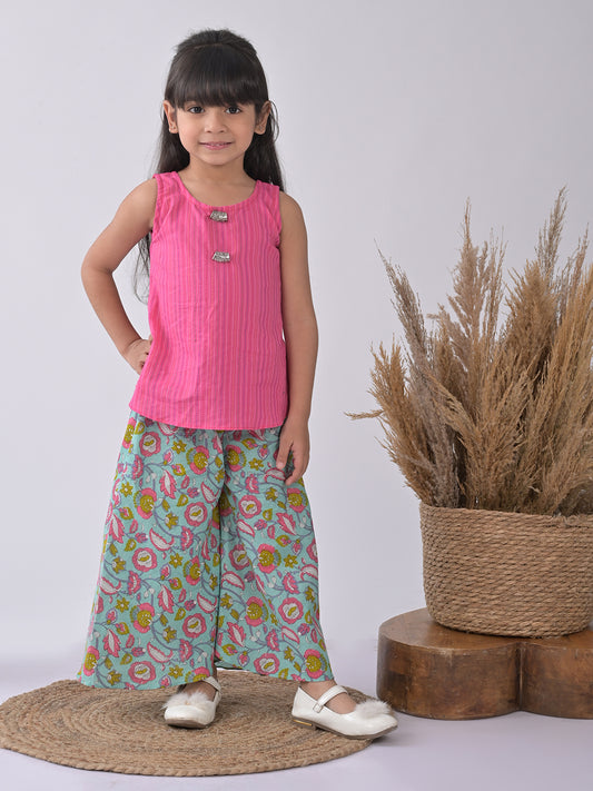 Pink Kurti with blue printed plazo
