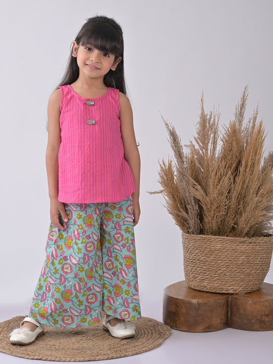 Pink Kurti with blue printed plazo