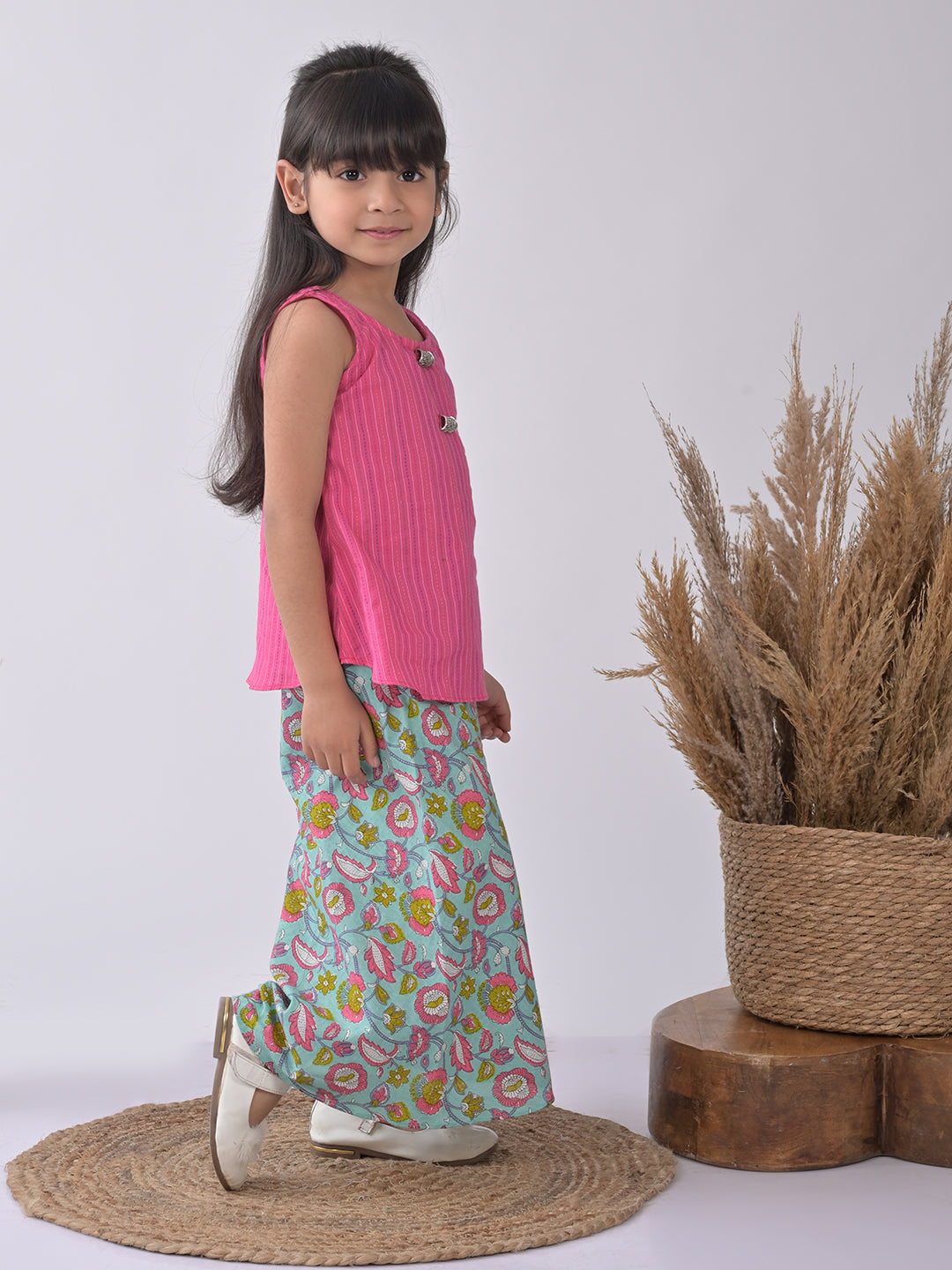 Pink Kurti with blue printed plazo