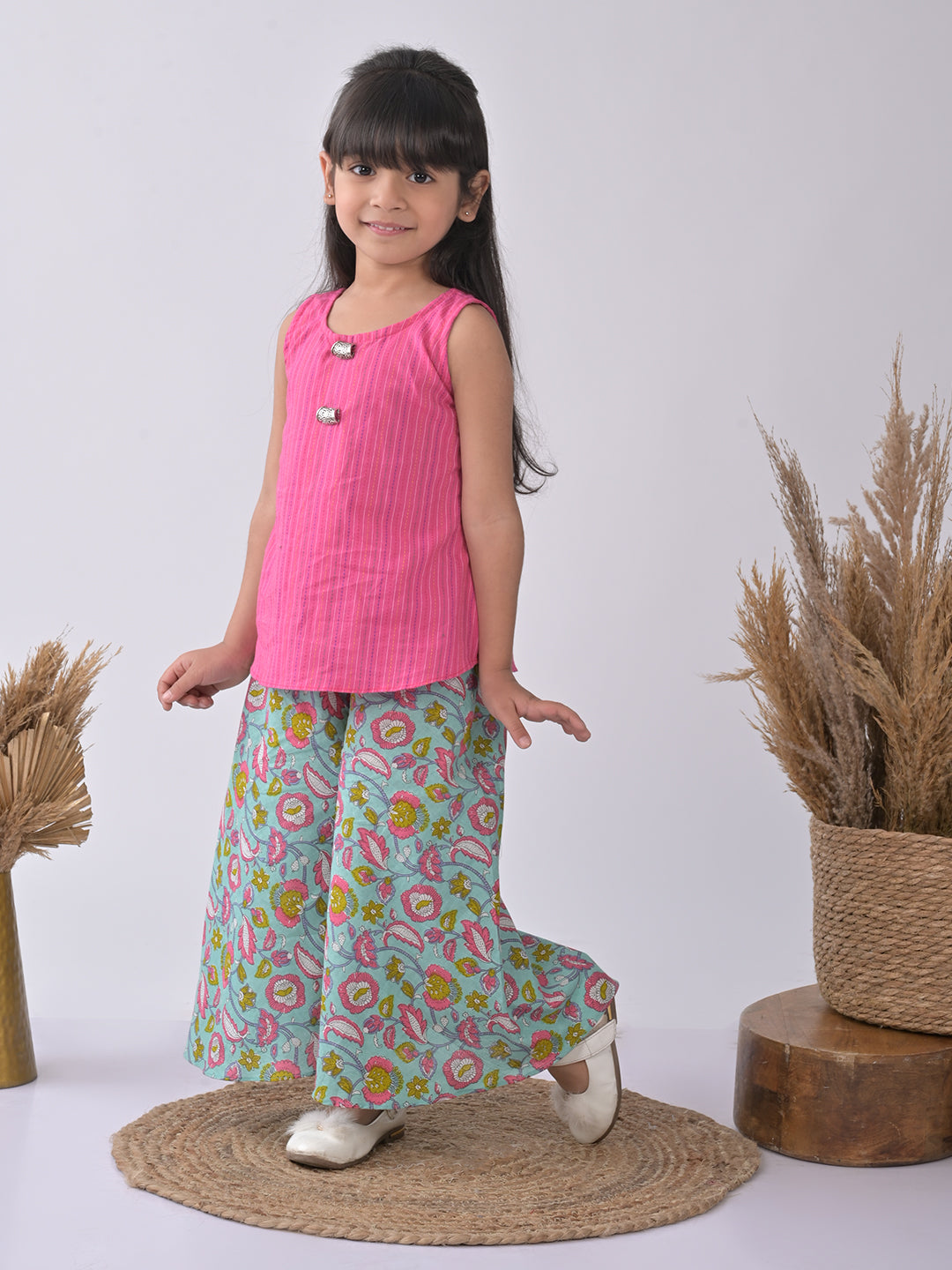 Pink Kurti with blue printed plazo
