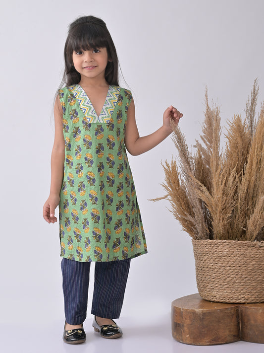 Green & Blue Cotton Kurti Set