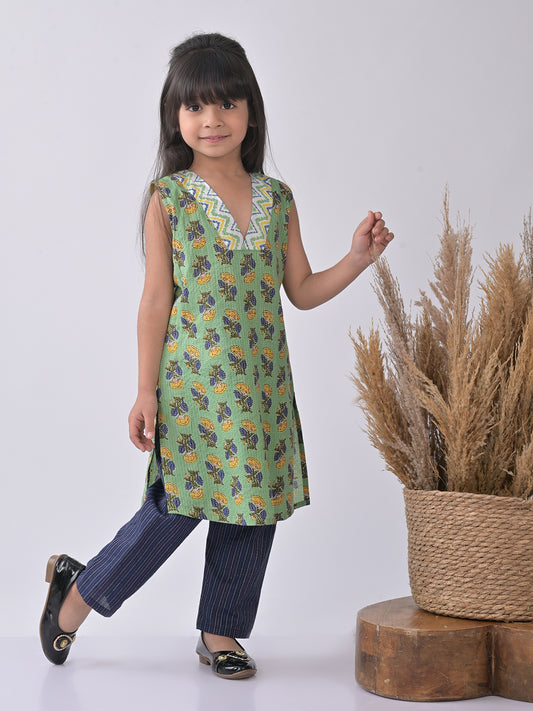 Green & Blue Cotton Kurti Set