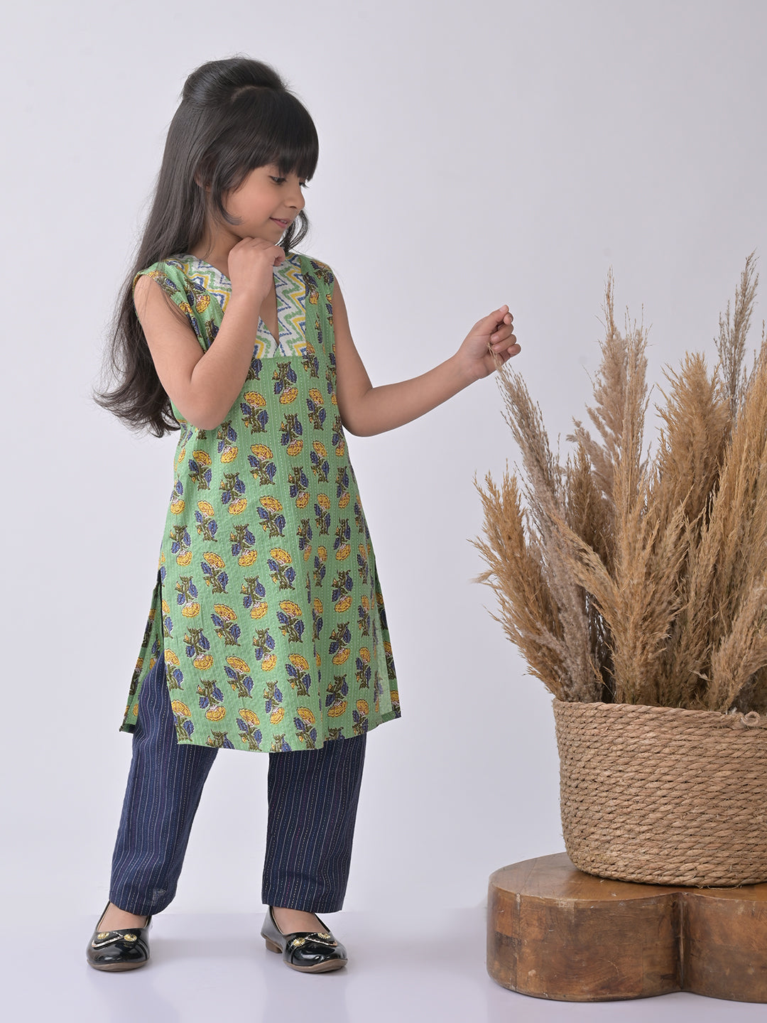 Green & Blue Cotton Kurti Set