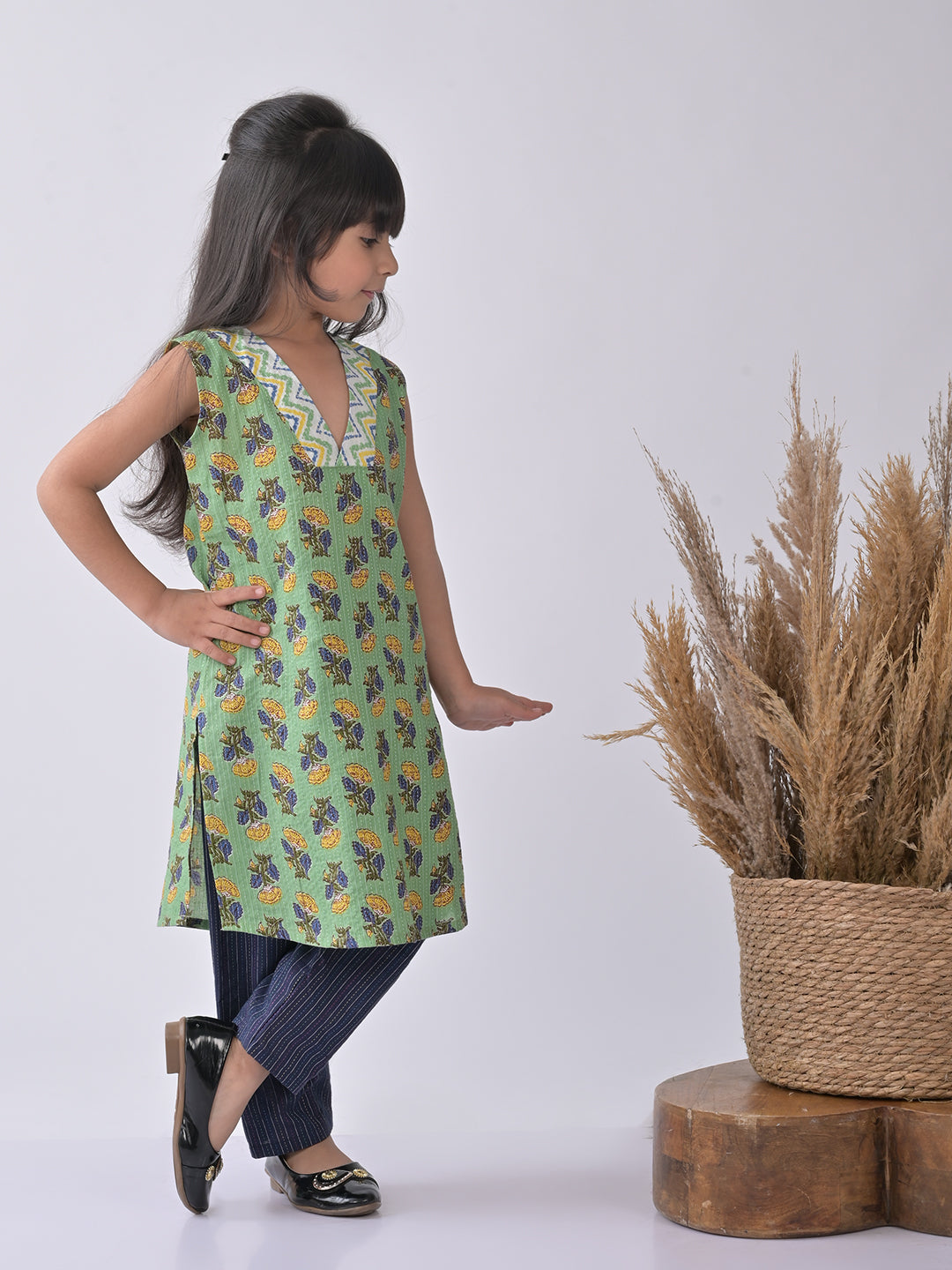 Green & Blue Cotton Kurti Set