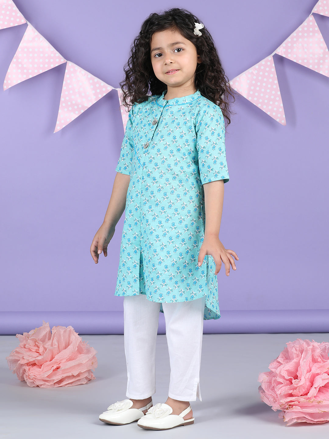 Light Blue Floral Kurti and white pant